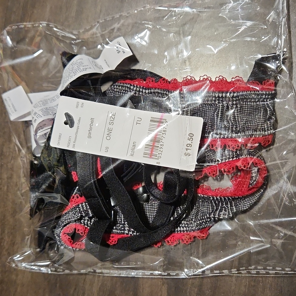 New Garter Belt Red Lace Trim on Blk/WHT Plaid /Blk Straps -One Size